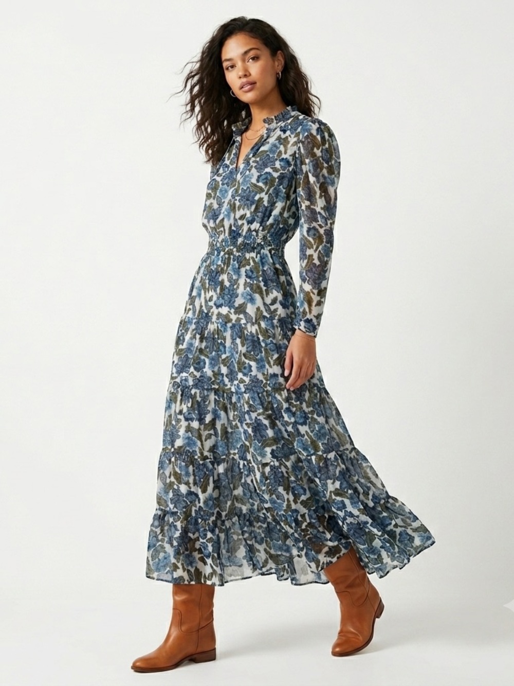 Misa Los Angeles Vida Maxi Dress Smocked Floral Lurex Blue Green L
